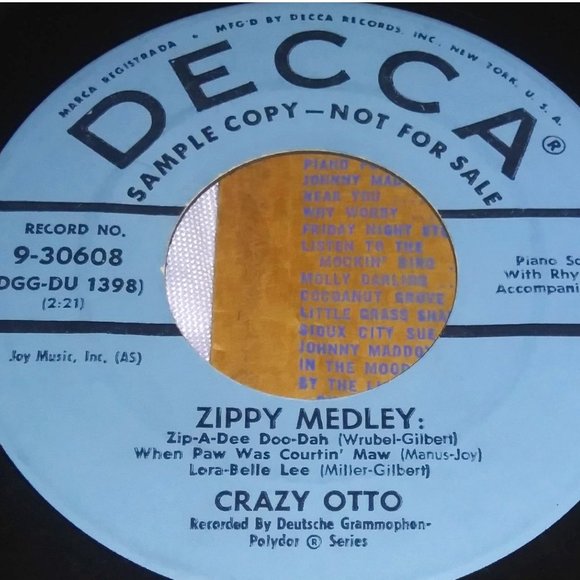 DECCA Crazy Otto Zippy Bouncy Medley 45 Promo Record Zip A Dee Do Dah Coconuts - Picture 1 of 7